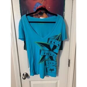 Fox Racing Riders Company Graphic V-Neck T-Shirt Blue Womens Large